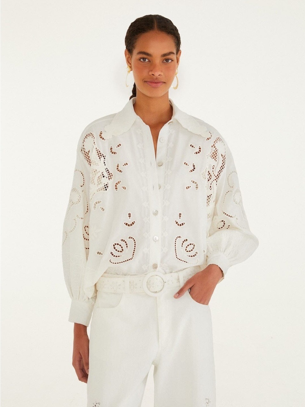Farm Rio Off-White Embroidered Flowers Richelieu Shirt